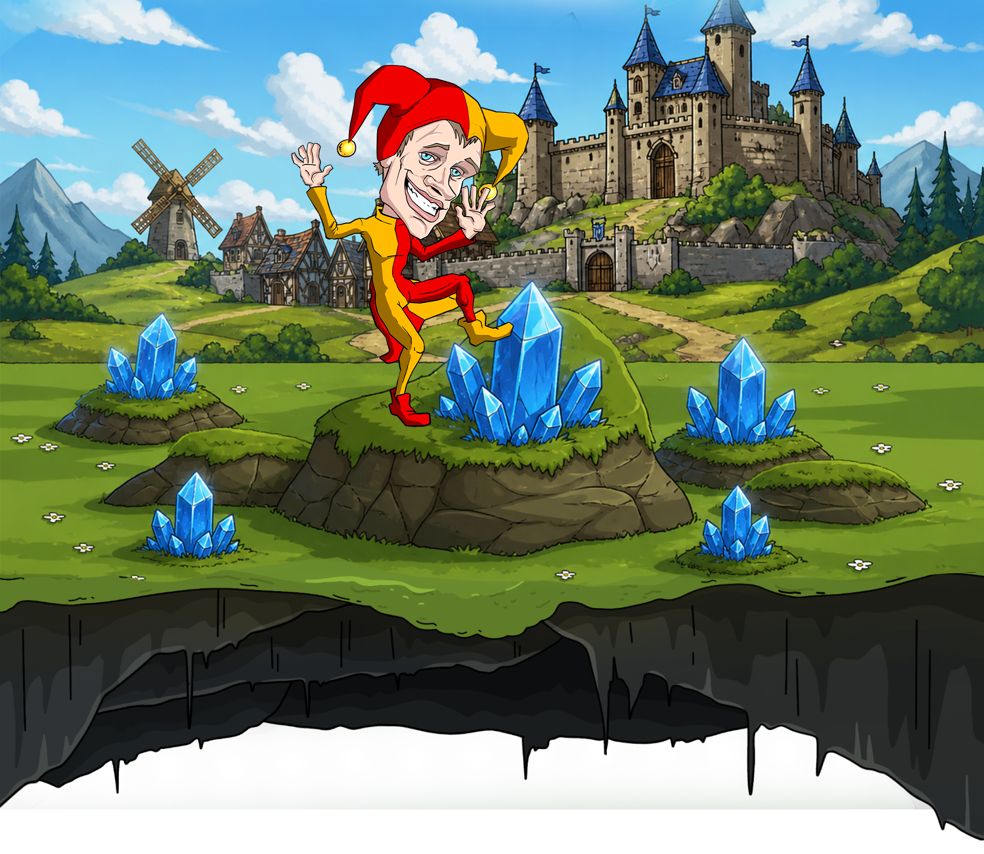 JESTER character in a dramatic mountain scene